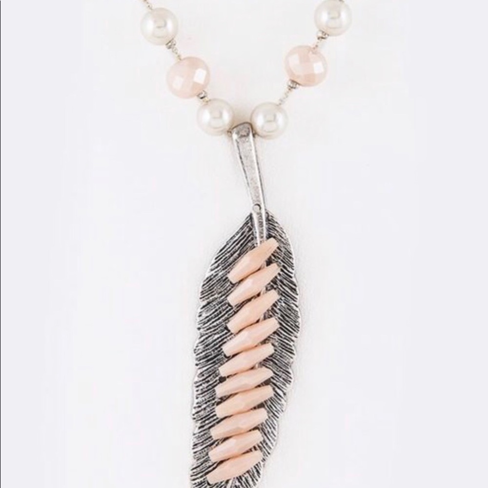Beaded Feather Pendant Necklace & Earrings